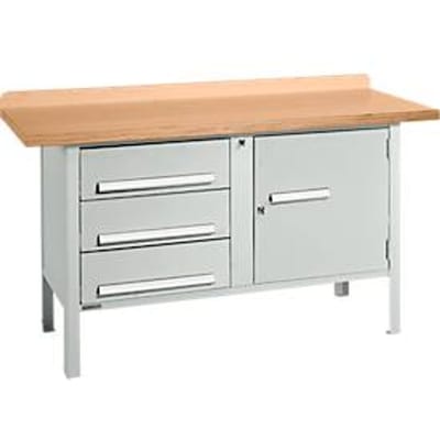 Box-type werkbank Schäfer Shop Select PWi 150-4, beuken multiplex blad, tot 750 kg, B 1500 x D 700 x H 840 mm, lichtgrijs