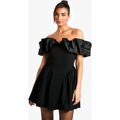 boohoo Dames Extreme Taffeta Ruffle Bardot Gestructureerde Skaterjurk | Black | Maat: 8