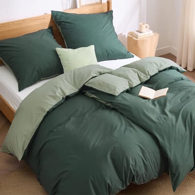 Dailygoody - Beddengoed 135 x 200 cm - Katoenen set - Omkeerbaar - Saliegroen en donkergroen - Zacht en ademend - Geschikt voor alle leeftijden -