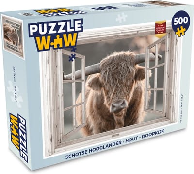 Puzzel Schotse hooglander - Hout - Doorkijk - Legpuzzel - Puzzel 500 stukjes