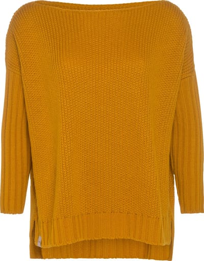 Knit Factory Kylie Gebreide Dames Trui - Trui dames winter - Pullover dames - lange mouw - Wintertrui - Damestrui - Boothals - Oker - Geel - 46/54 - Grote maten dames kleding