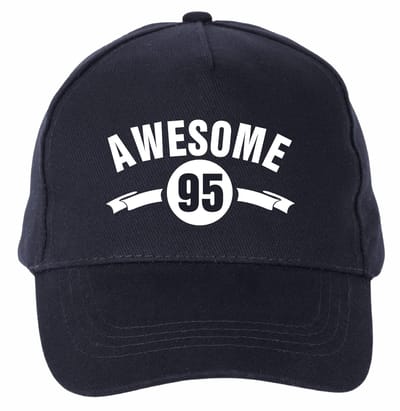 Mijncadeautje - 5 panel - Cap - Verstelbaar - Pet van 100% dik geborsteld katoen- unisex - opdruk wit - Awesome 95 jaar - navy blauw