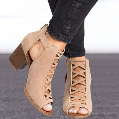 Romeinse holle sandalen met middelhoge hak, zomerse instapsandalen met gesp, damesschoenen met open teen, kunstleer, casual, bruiloft, hoge hakken, damessandalen 35 beige
