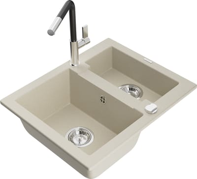 Mexen Carlos granieten spoelbak 1,5-compartiment met keukenkraan Flora, beige - 6518-69-670401-07