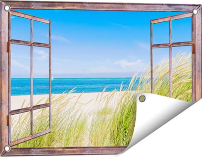 Gards Tuinposter Doorkijk Strand en Zee met een Zeilboot - 60x40 cm - Tuindoek - Tuindecoratie - Wanddecoratie buiten - Tuinschilderij