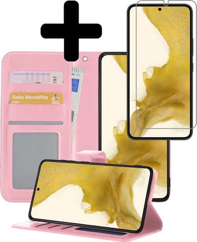 Hoesje - Met Screenprotector - Geschikt voor Samsung Galaxy S22 Plus - Luxe Pasjeshouder - Bookcase Portemonee - Flip Case - Kunstleer Book Case - Flipcase - Book Cover - Walletcase - Portemonneehoes - Telefoonhoesjes - Lichtroze