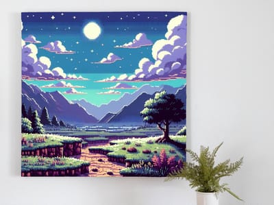 Pixel art landschap schilderij | Pixels dansen over het betoverende landschap van de kunst | Kunst - 100x100 centimeter op Dibond | Foto op Dibond
