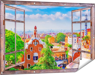 Gards Tuinposter Doorkijk Park Güell in Barcelona - Kleurrijk - 120x80 cm - Tuindoek - Tuindecoratie - Wanddecoratie buiten - Tuinschilderij