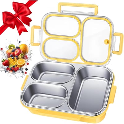 GELLDG Bentobox - Roestvrij staal - Lunchbox - Drie compartimenten - Afzonderlijke sluitringen - Lekvrij ontwerp - Geschikt voor kinderen en volwassenen - BPA-vrij - Vaatwasmachinebestendig - Geel