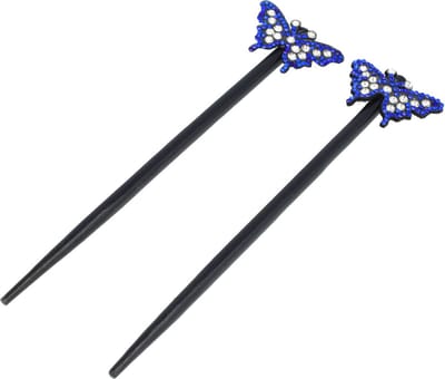 Haarsoires Haarspeld Haarpinnen 18cm - Haarstokjes - Vlinder Glitter - Hout - Blauw Zwart - Set van 2 - Hair Sticks - Japanse Opsteekstokjes - Haaraccessoire voor Opsteekkapsel - Sierpinnen voor Opsteekkapsels - Hair Pins