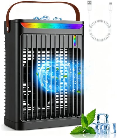 Luchtkoeler - Draagbare airconditioner - Met handvat Persoonlijke Koeler - Watertank van 680 ml - Met 5 ventilatorsnelheden en 2 nevelstanden en 7 kleuren Sfeerverlichting - Met 2/4/6 uur timer - Voor slaapkamer en kantoor - Zwart