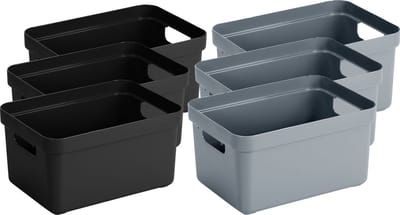 Sunware opbergboxen - manden - 6x stuks - 5 liter p/st - kunststof - 3x zwart en 3x blauw - 25 x 18 x 12 cm