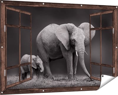 Gards Tuinposter Doorkijk Olifant Moeder en Zoon - Zwart Wit - 150x100 cm - Tuindoek - Tuindecoratie - Wanddecoratie buiten - Tuinschilderij
