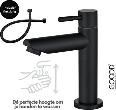 GOODD® Frejus - Fonteinkraan - Toiletkraan - Koudwaterkraan - Wc kraan - Zwart - nylon aansluitslang