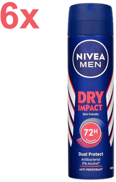 NIVEA MEN Deospray Dry Impact – Voordeelverpakking 6x 150 ml – 72u Anti-Transpirant Bescherming