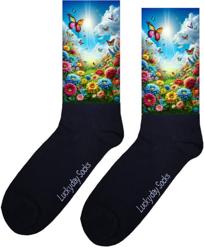 Bloemenveld - Valentijns Cadeau - Grappige sokken - Leuke sokken - Hem Haar sokken - Vrolijke sokken - Sint cadeau - Vaderdag - Moederdag - Verjaardag cadeau - Kerst cadeau - Leuk Cadeau - Natuur - Vlinders - Print sokken - Socks maken Happy - 37-44