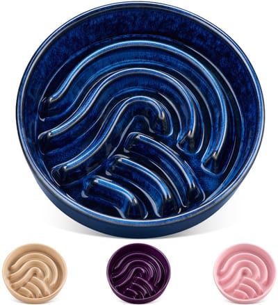 vancasso Slow Feeder Hondenbak, 3 kopjes keramische langzame voerbak voor grote rassen, puzzel hondenvoerbak voor snelle eter, blauw
