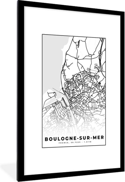 Fotolijst incl. Poster Zwart Wit- Kaart – Stadskaart – Frankrijk – Plattegrond - Boulogne-sur-Mer - Zwart wit - 80x120 cm - Posterlijst