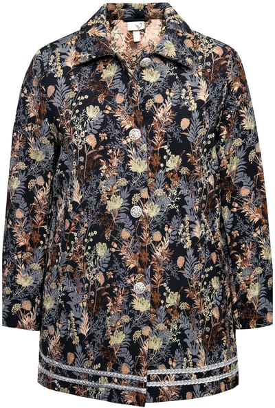 Ulla Popken - Dames - Jas jacquard patroon overhemdkraag sieradenknopen - Zwart - Maat 42+