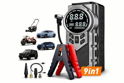 Dutchers® Dutchers® 9-in-1 Jumpstarter met Luchtcompressor – 150 PSI Digitale Bandenpomp – Accu Startkabel – Powerbank & LED Zaklamp – Geschikt voor auto, motor, vrachtwagen, bus - Noodpakket voor Auto