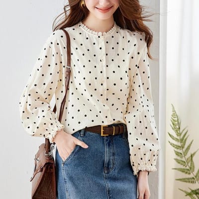 Blouse à col rond à pois pour femme Manches longues Printemps Manches bouffantes Haut Tempérament Dame Blouse en pur coton XXL