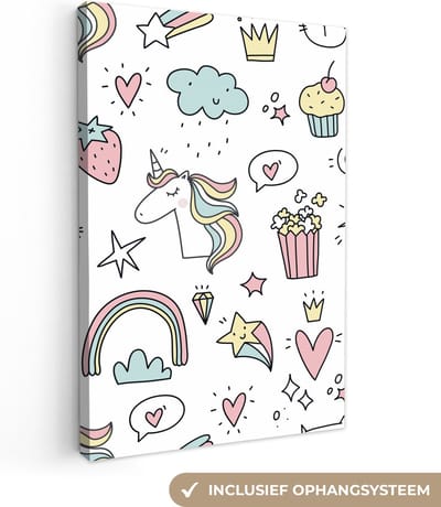 Canvas schilderij kinderen - Muurdecoratie kinderkamer - Eenhoorn - Meisjes - Regenboog - Roze - Design - Wanddecoratie meisjes - Canvas schilderij kinderen - 20x30 cm