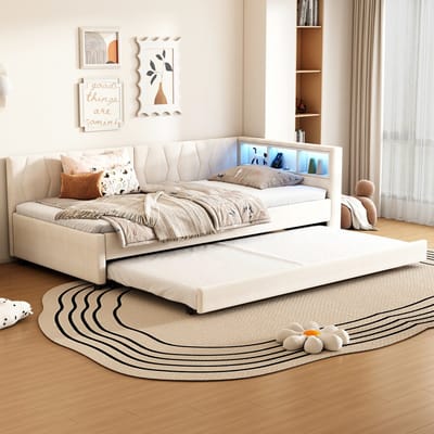 MODENUIT Daybed 90x200 cm – Uitschuifbed met USB-C en ledverlichting – Opbergvakken – Zonder matras – Linnen – Beige