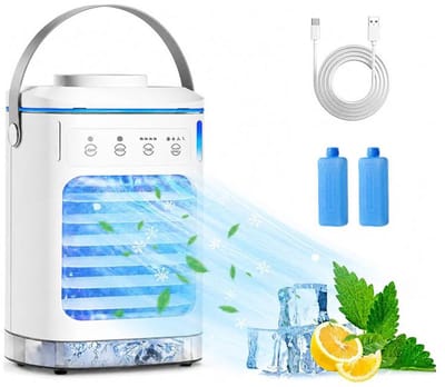 KZQ Draagbare ventilator - Aircooler - 4-in-1 ventilator - Vier windsnelheden - Timer van 2-8 uur - Kleurrijke verlichting - Waterreservoir van 900 ml - Geschikt voor slaapkamers, kantoren, woningen en kamperen - 16 × 13 × 24,5 cm - Wit