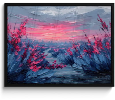 Poster in lijst - Fotolijst 80x60 cm - Posters - Schilderij - Zonsondergang - Bloemen - Rivier - Posterlijst zwart - Decoratie - Wanddecoratie woonkamer - Muurdecoratie slaapkamer