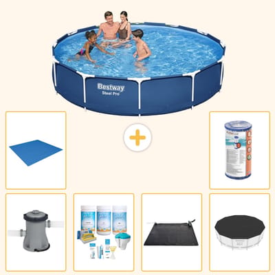 Bestway Rond Steel Pro Zwembad - 366 x 76 cm - Blauw - Inclusief Pomp - Onderhoudspakket - Solar Mat - Afdekzeil - Grondzeil - Filter - 7-delig