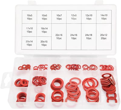MTTproducts- Afdichtring Set van 150 Stuks - Rood Staalpapier - Diverse Maten - Kunststof Doos - Gemakkelijk Op te Bergen - Voor Isolatie - Sluitring
