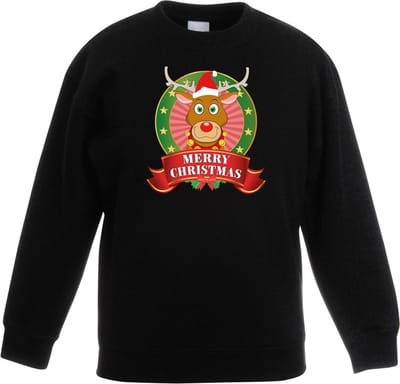 Zwarte kersttrui met rudolf het rendier jongens en meisjes - Kerstruien kind 98/104