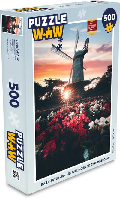 Puzzel Bloemenveld voor een windmolen bij zonsondergang - Legpuzzel - Puzzel 500 stukjes