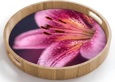 Dienblad rond 40x40 cm - Schootdienblad hout - Roze - lelie - Dauwdruppels - Borrelplank rechthoek - Plateau houten dienbladen