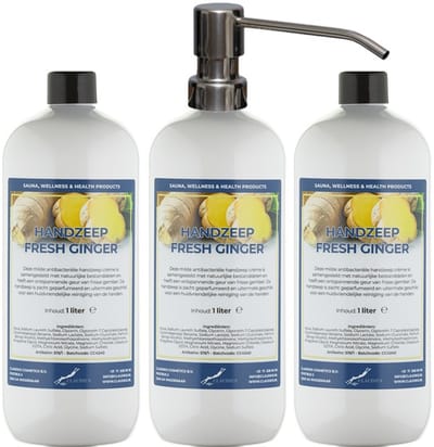 Handzeep Fresh Ginger 1 liter - set van 3 stuks - met gratis RVS zilverkleurige pomp - Voordeelverpakking