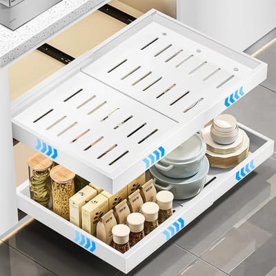 Famanu – Uitschuifbare Keukenlade - Telescoop Lade Organizer (31-52 cm B x 43 cm D x 6 cm H) - Zelfklevende Lade zonder Boren of Spijkers - Wit - 1 Stuk
