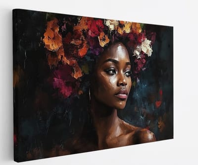 Saammp - Canvas Schilderij - Afrikaanse Vrouw met Kleurrijke Bloemen - Abstract - 30x20 - Foto op canvas - Wanddecoratie - Muurdecoratie Woonkamer - Slaapkamer decoratie - Canvas Print