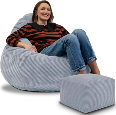 DreamRoots Zitzak voor Volwassenen of Kinderen – Corduroy Beanbag met Voetsteun en Afneembare Hoes – Inclusief Vulling – 90x90x100 cm – Baltic Sea