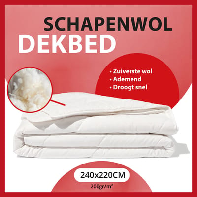 Wollen Zomerdekbed 200gr/m2 - 240x220cm - 100% Zuivere Scheerwol - Wollen Dekbed 240x220 - Lits Jumeaux Extra Lang - Dekbedden