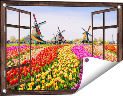 Gards Tuinposter Doorkijk Kleurrijke Tulpen Bloemenveld - Windmolen - 60x40 cm - Tuindoek - Tuindecoratie - Wanddecoratie buiten - Tuinschilderij