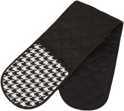 SnelShoppen - Dubbele Ovenhandschoenen met Houndstooth Patroon, Zwart, Keukenhandschoenen met Hanglus voor Makkelijk Opbergen, Dubbelzijdige Beschermi