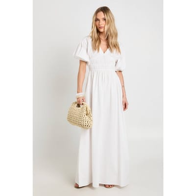 boohoo Dames Petite Katoenen Poplin Maxi Jurk Met Gesmockte Top V-hals En Pofmouwen | White | Maat: 4