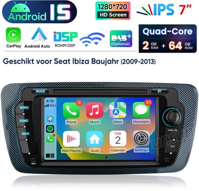 HexinexMarket Quad-Core autoradio Geschikt voor Seat Ibiza Baujahr 2009-2013 - Draadloos CarPlay, Android Auto, GPS Navi, multimediaspeler, Android 15, 2GB+64GB