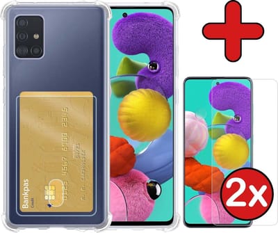 Hoesje - Geschikt voor Samsung Galaxy A51 - Met 2x Screenprotector - Pashouder - Kaarthouder - Back Cover - Telefoon Hoes Shockproof - Siliconen Case - Shock Proof - Pasjes Houder - Telefoonhoes - Transparant