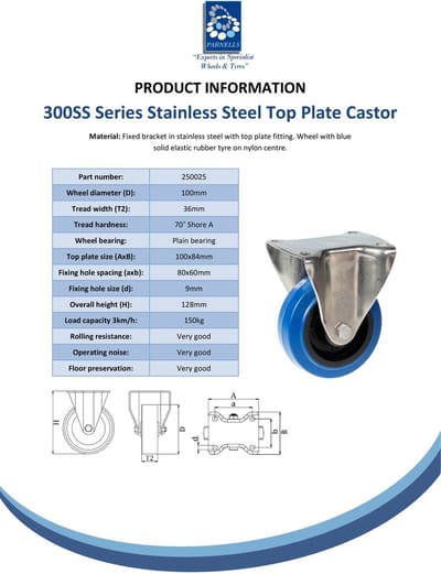 Vaste zwenkwiel van 100 mm van roestvrij staal met blauw elastisch rubber op een nylon middenwiel