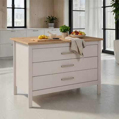 Interlink - kookeiland Piazza cachemire-warm wit en eik met 3 laden - 124x75cm