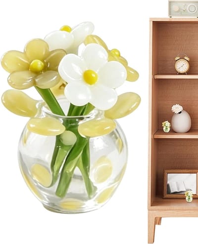 Mini boeket - Glazen bloemen - Tafel decoratie - Handgemaakt vakmanschap - 6 x 5 x 6 cm - Rood