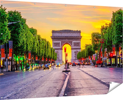 Gards Tuinposter Arc de Triomphe in Parijs vanaf de Straat - 180x120 cm - Tuindoek - Tuindecoratie - Wanddecoratie buiten - Tuinschilderij