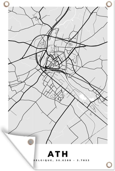 Muurdecoratie België – Ath – Stadskaart – Kaart – Zwart Wit – Plattegrond - 120x180 cm - Tuinposter - Tuindoek