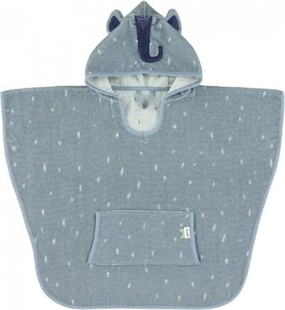 Trixie Poncho - Mrs. Elephant - 100% Biologisch Katoen - Badcape Kind met Capuchon - Met Leuke Details - Blauw - Olifant